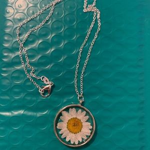 Silver Necklace with white pressed flower inside